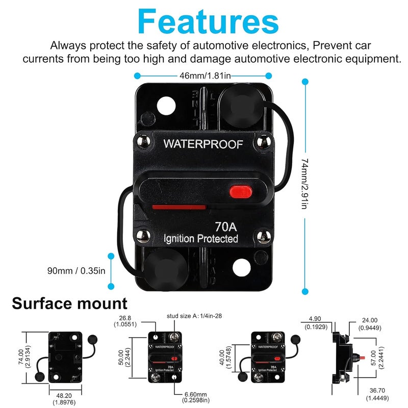 NOWEIERTON 70 Amp Waterproof Circuit Breaker,Fuse Holder,Audio Circuit Breaker,with Manual Reset,12V-48V DC,30A-300A,for Automotive Marine Boat Audio System Current Overload Protection - Image 3